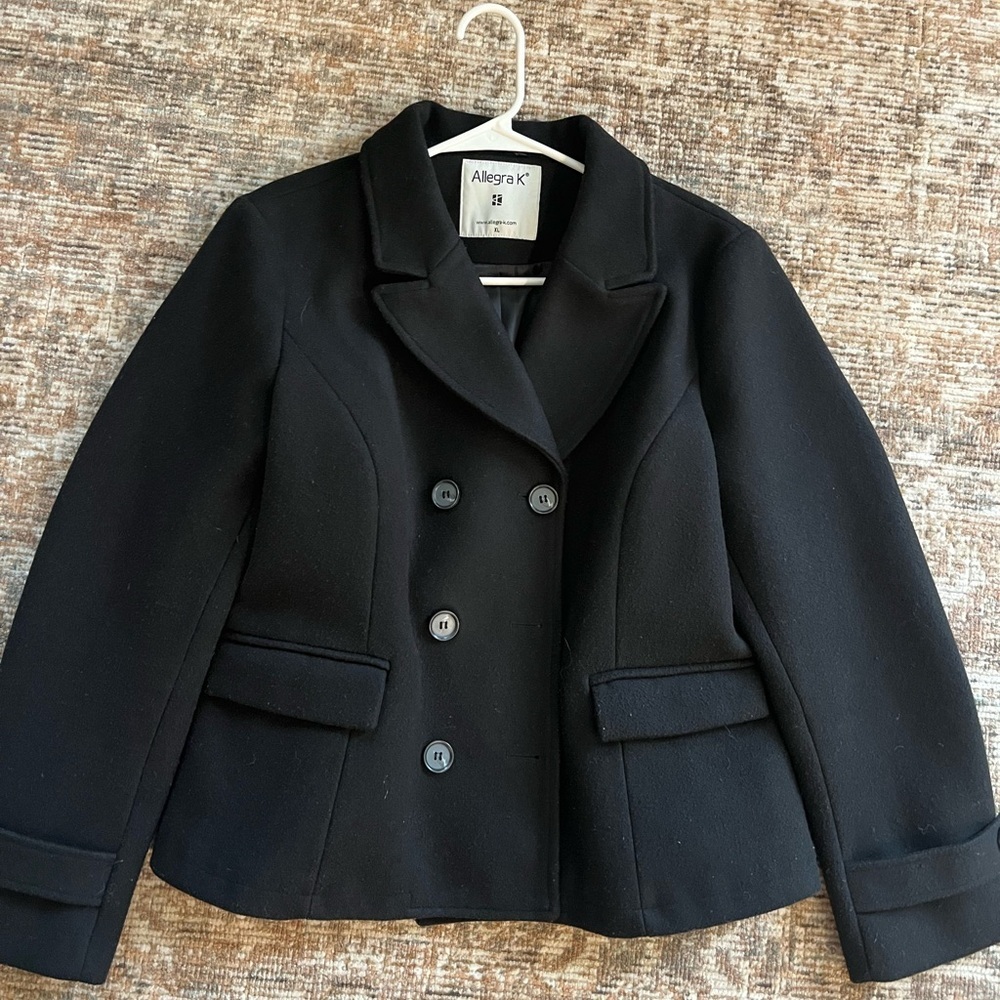Allegra K Women's Notched Lapel Double Breasted Pea Coat - Picture 1 of 6
